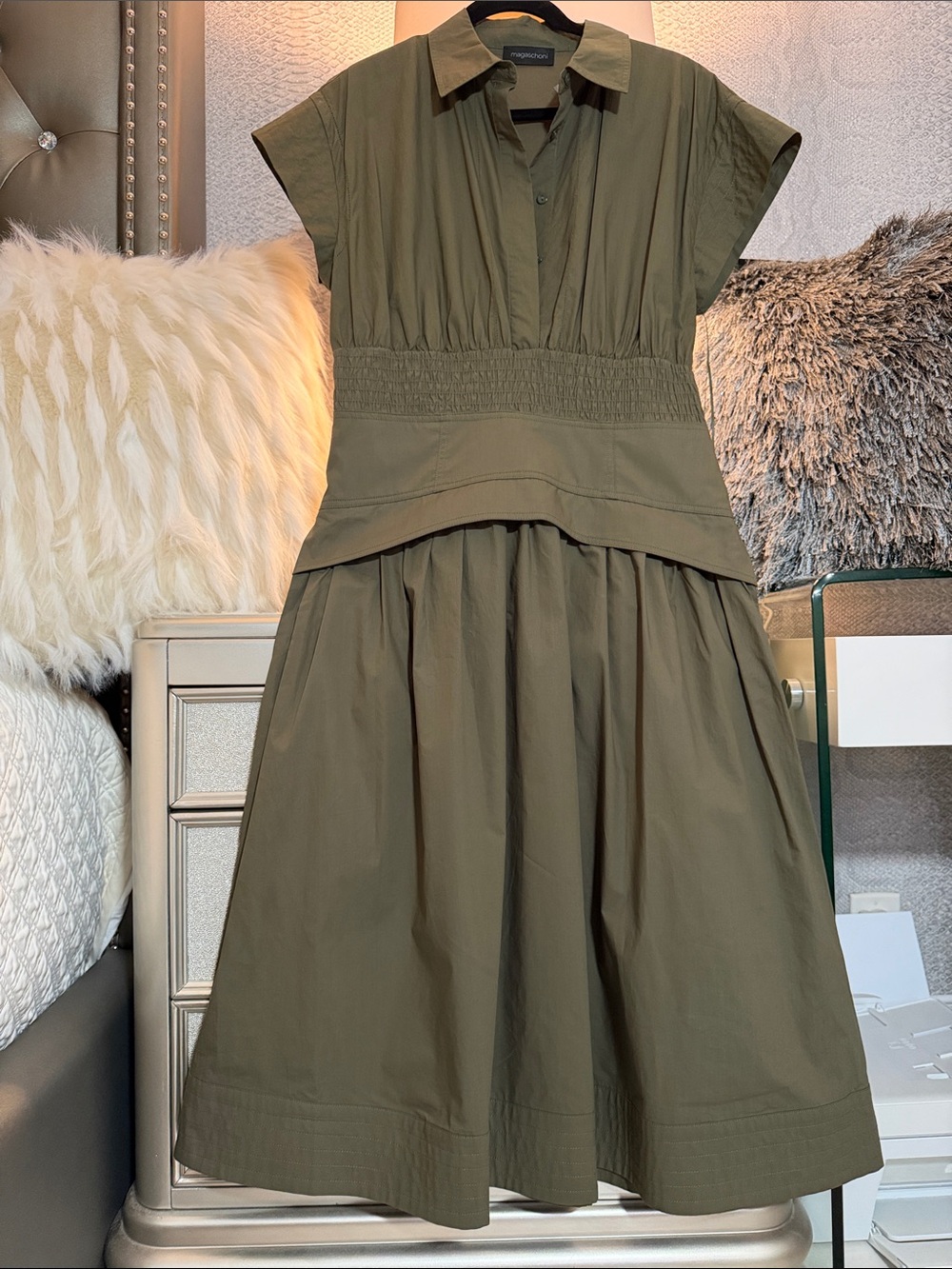Magaschoni Army Green Collared Midi Dress Short Sleeve Medium NWT